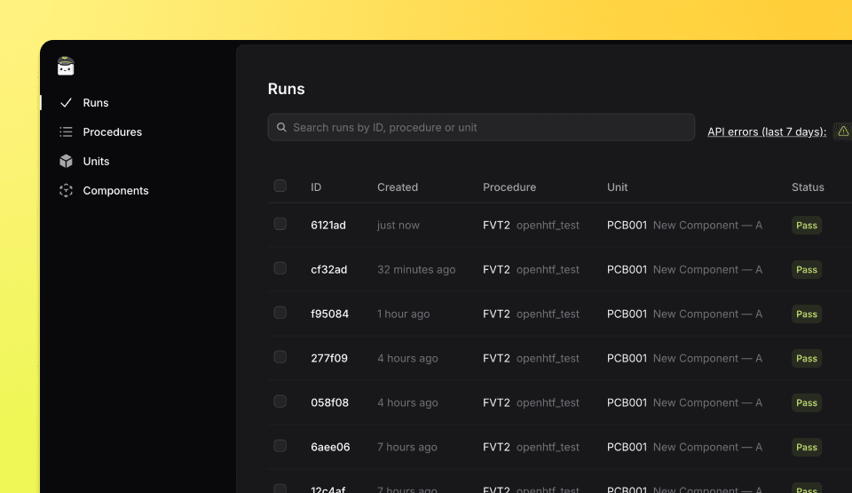 Run page showing the different phases performed for a Unit Under Test (UUT) in OpenHTF with TofuPilot.